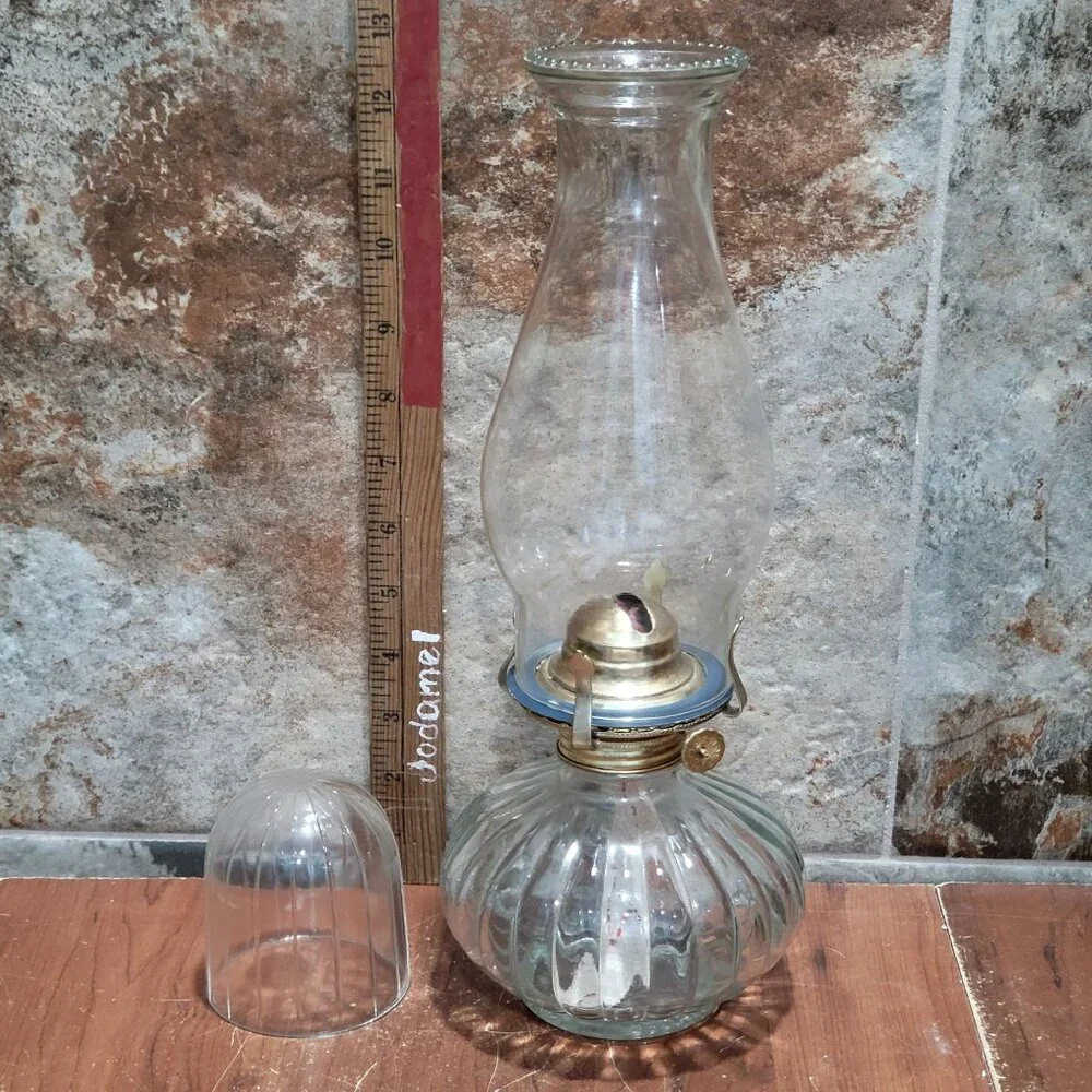 Vintage Golden Globe Clear Glass Kerosene Oil Lamp Ribbed Base